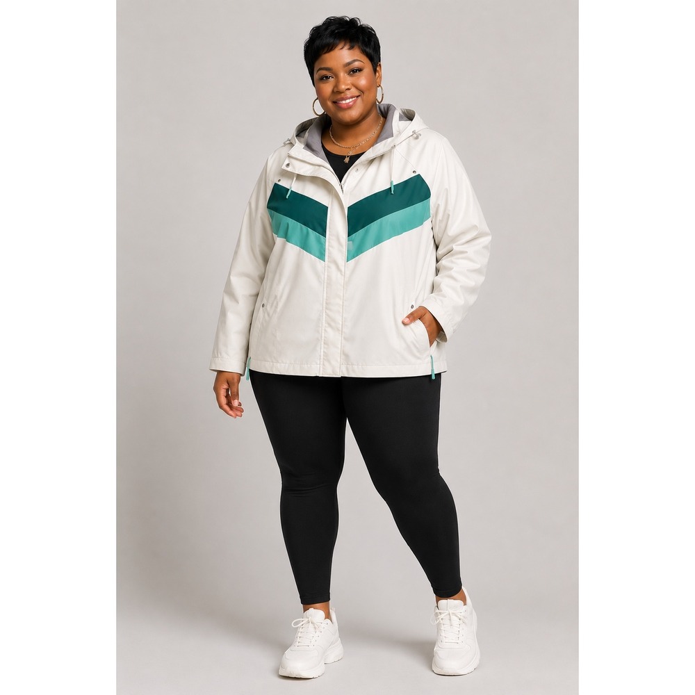 ZeroXposur Womens 1X White Teal Chevron Colorblock Hooded Windbreaker Jacket